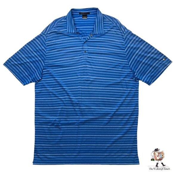 Nike Tiger Woods Shirt Mens XL Extra Large Blue Striped Dri Fit Snap Button Polo - Picture 1 of 8
